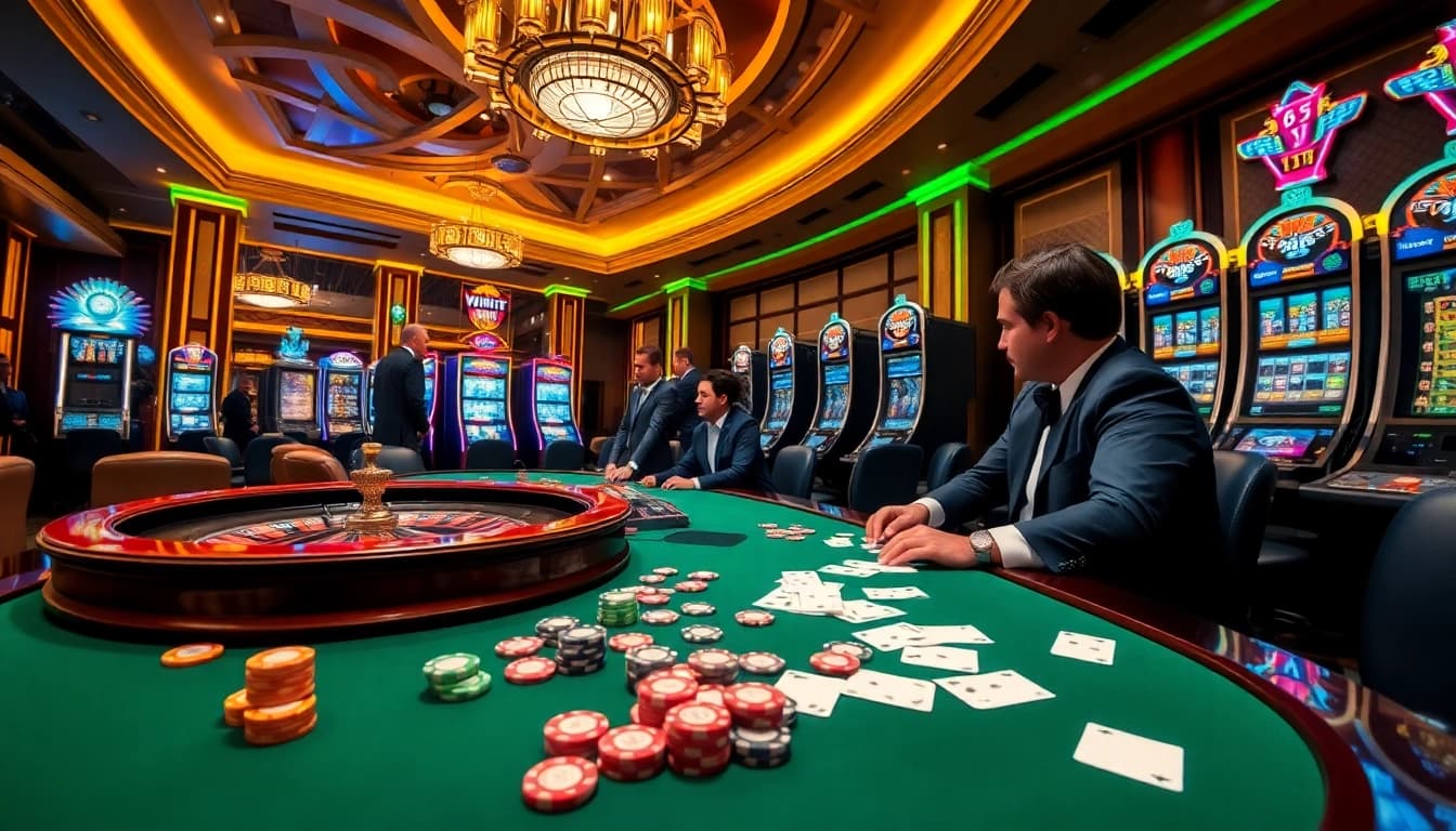 Experience thrilling gameplay at https://www.jl55.one/ in a luxurious casino setting with vibrant tables and slot machines.