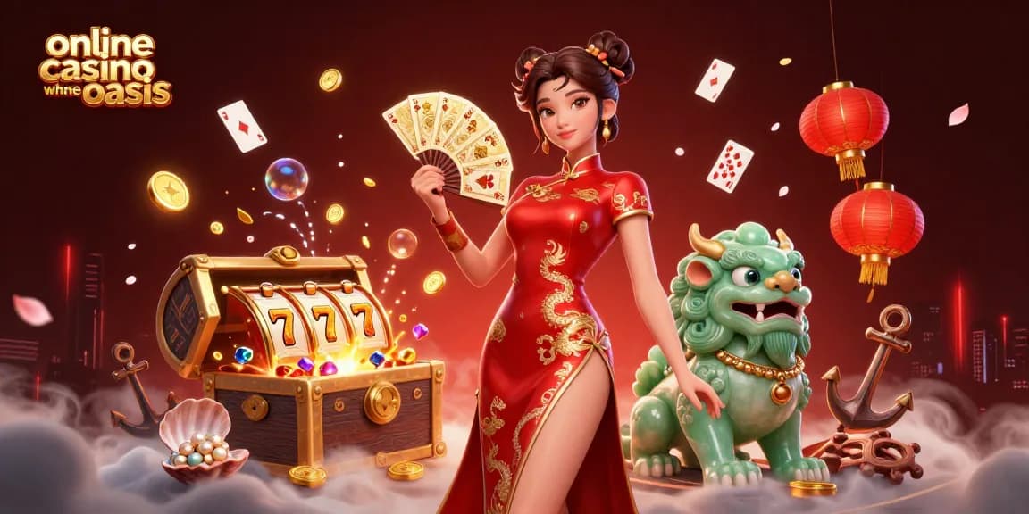 Experience the thrill of an online casino ohne oasis with a vibrant 3D illustration showcasing a woman and a jade lion guardian amidst casino elements.
