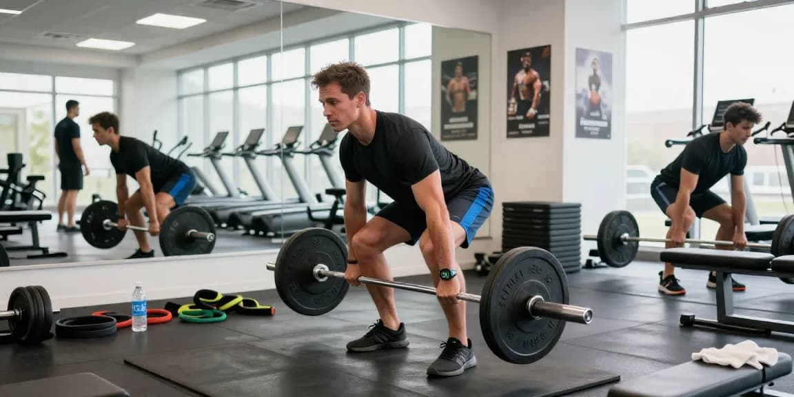 Medi Pharma Steroid Shop: Athletischer Mann beim Kreuzheben im Fitnessstudio, überzeugende Trainingsatmosphäre.