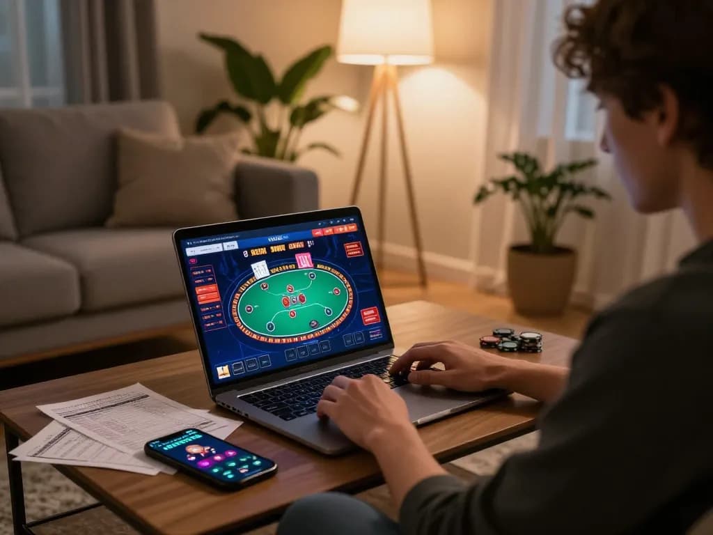Engaged player strategizing on a vibrant 33WIN online casino interface, cozy home gaming atmosphere.