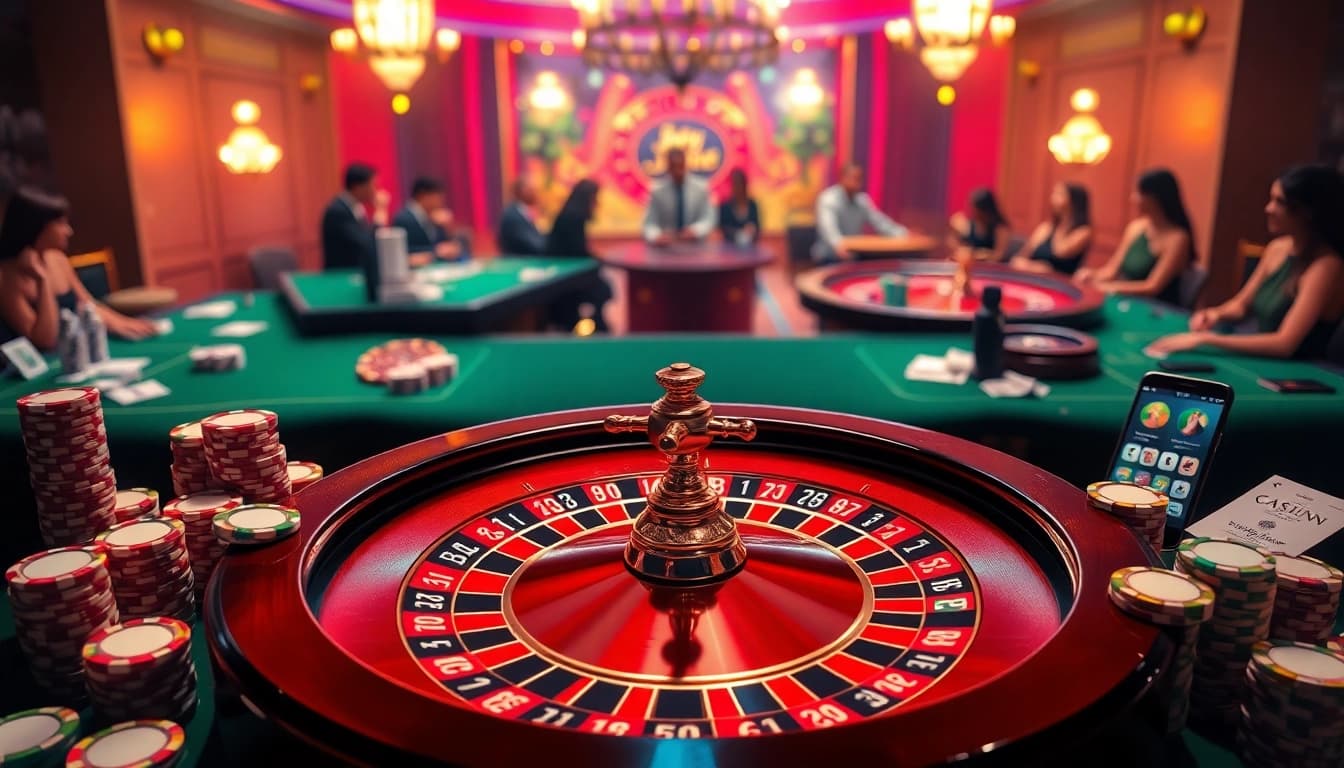 Experience the excitement of home jili7 with an engaging casino scene featuring roulette and poker chips.