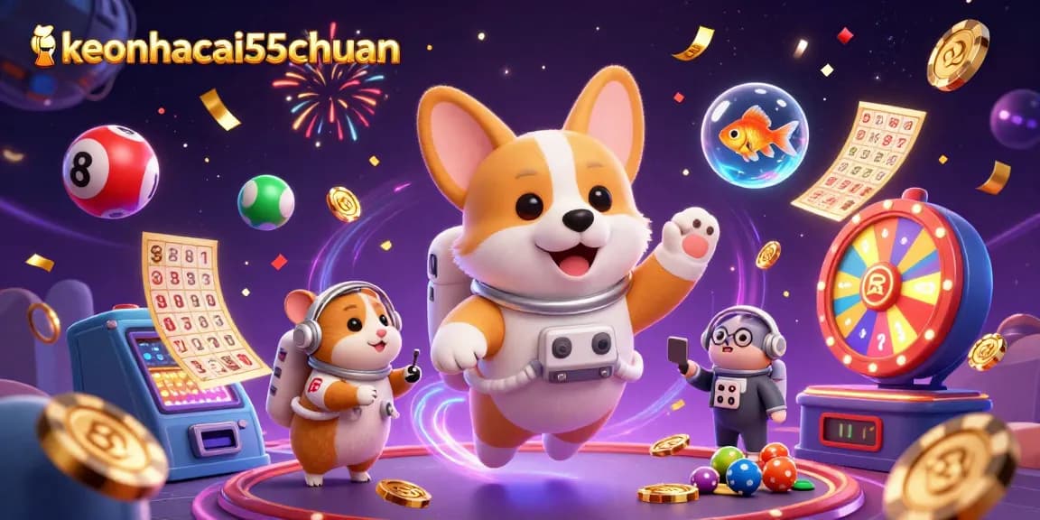 Experience the thrill of keonhacai55chuan as a corgi floats through a vibrant casino space with lottery balls and gold coins.