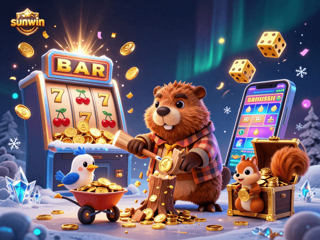 Join the sunwin adventure with cartoon characters collecting gold coins in a dynamic casino scene.