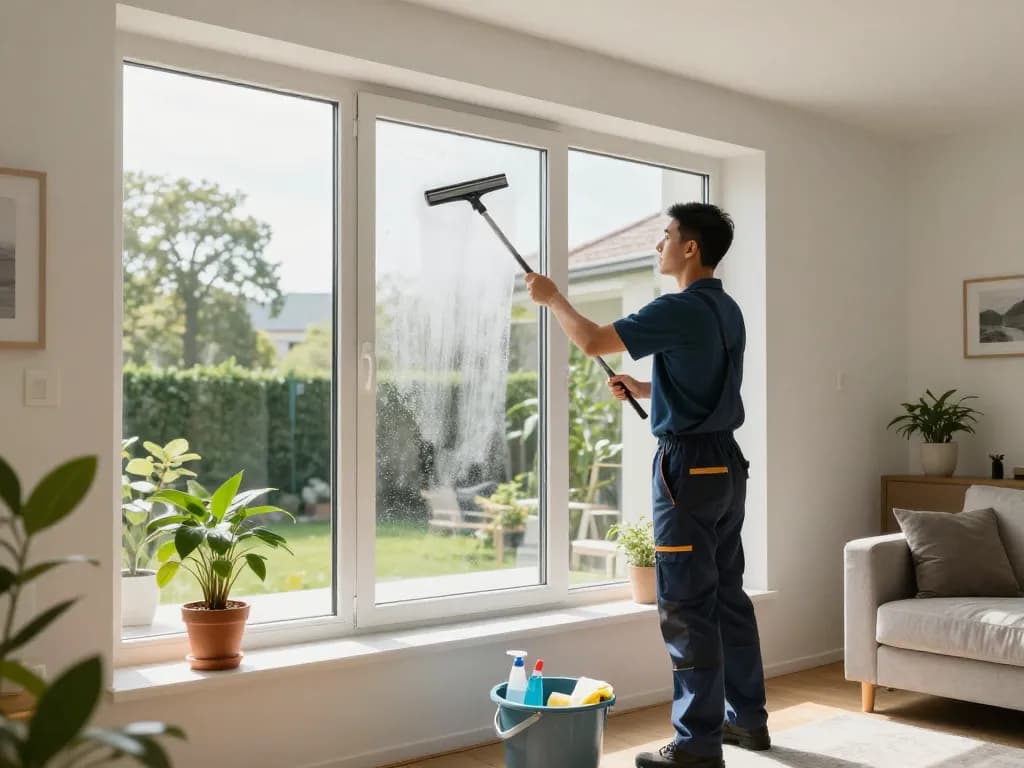 Glasreinigung in Münster Service mit einem professionellen Reiniger, der funkelnde Fenster in einem hellen Wohnambiente zeigt