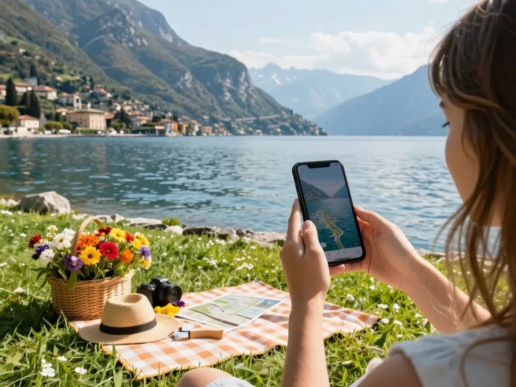 Gardasee Reisetipps: Reisender am Gardasee, der eine malerische Uferlandschaft mit Blumen und Picknick-Utensilien genießt.