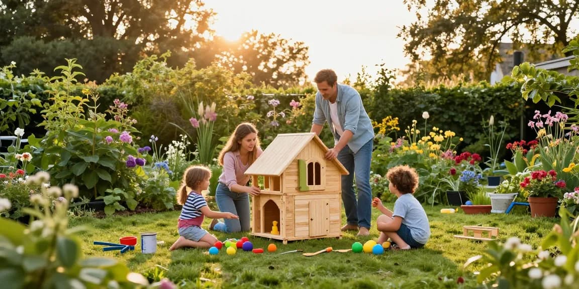 Ein Familienprojekt zur Erstellung eines Garten Hauses im sonnigen Garten mit Spielzeugen und Werkzeugen.