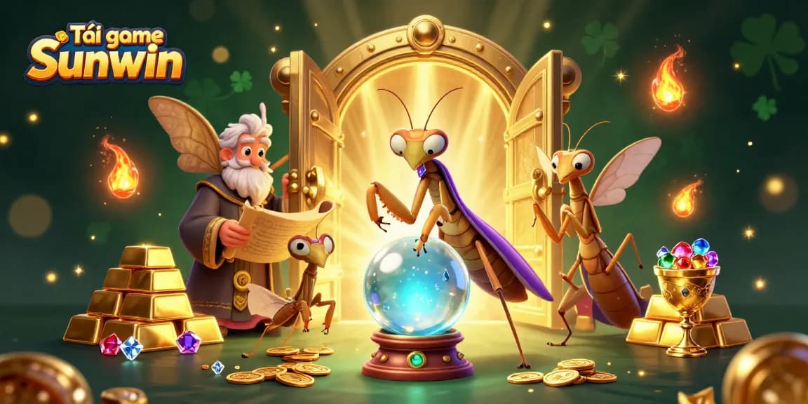 Tải game Sunwin with vibrant 3D illustration featuring fortune tellers and treasures in a casino setting.
