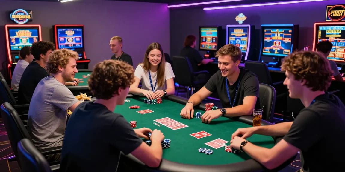 Exciting gaming scene at https://gemwin.pics/ with friends enjoying various online casino games in a vibrant lounge.