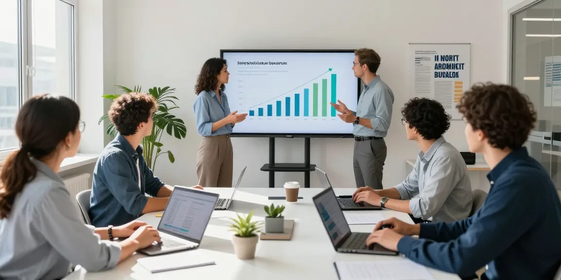 Arbeitskultur bewerten in einem modernen Büro mit professionellem Team und Führungsdiskussionen.