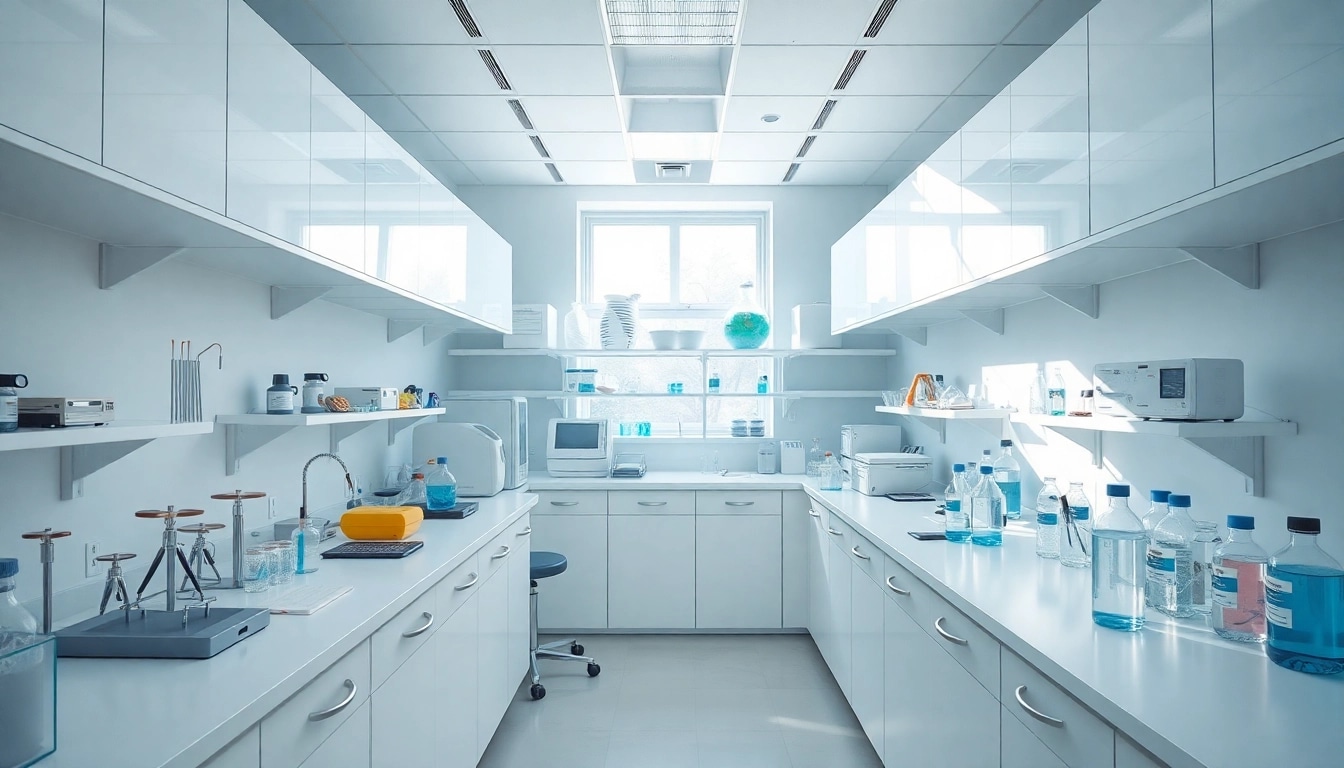 Labormaterial bestellen in einem modernen Labor mit organisierten Arbeitsbereichen.