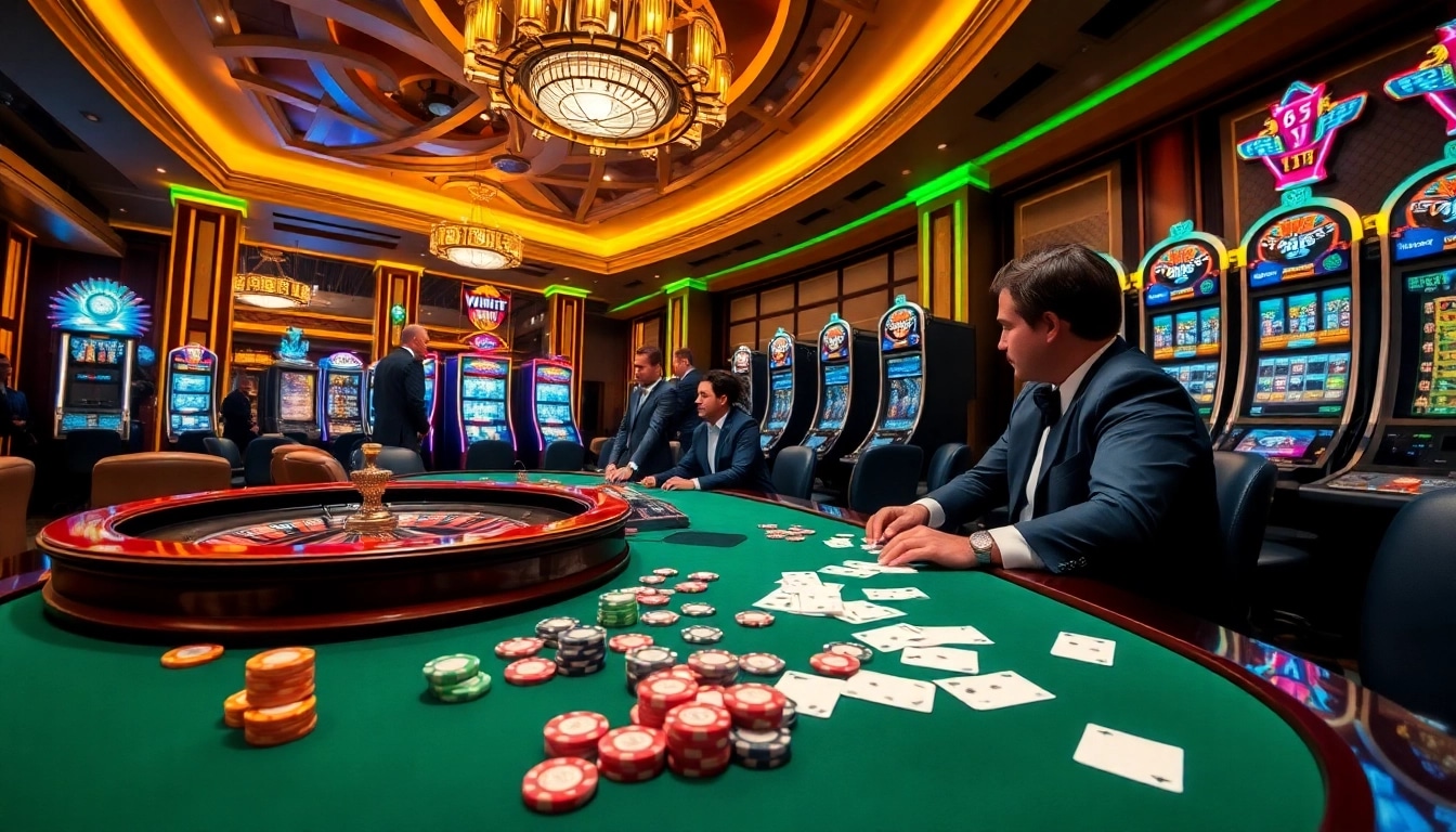 Experience thrilling gameplay at https://www.jl55.one/ in a luxurious casino setting with vibrant tables and slot machines.