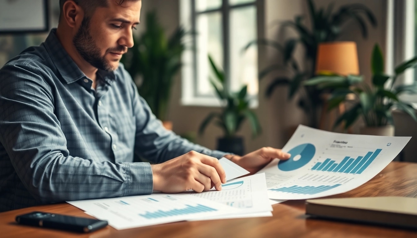 Geld leihen: Professionelle Person bei der Analyse von Finanzdokumenten am Schreibtisch.