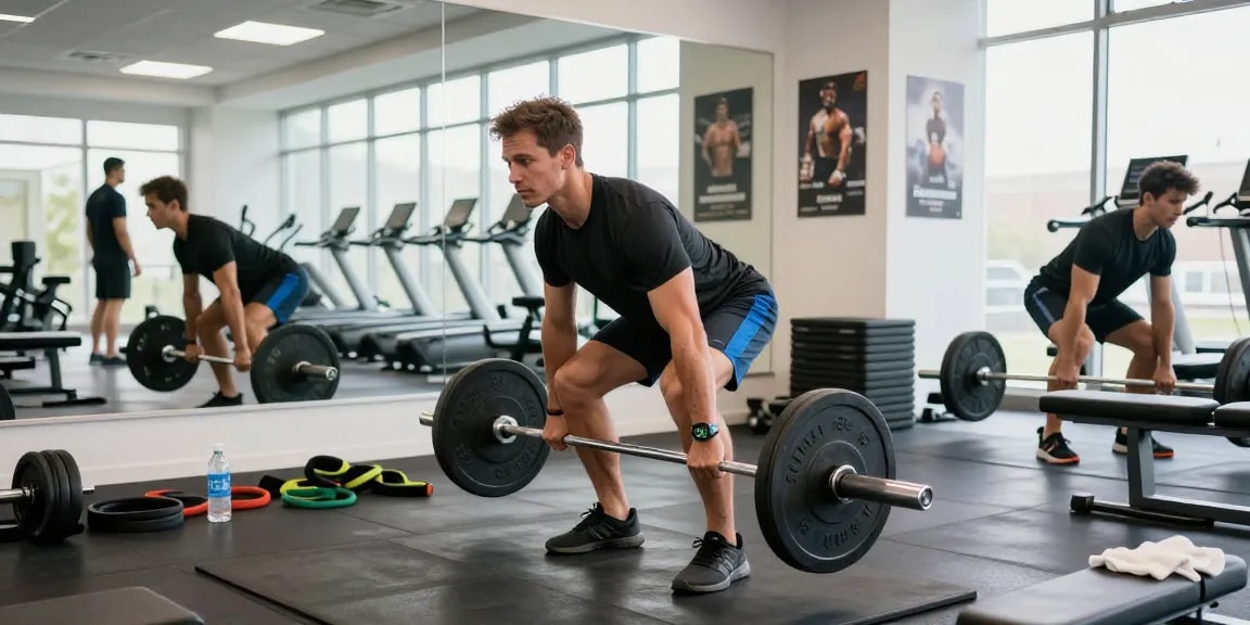 Medi Pharma Steroid Shop: Athletischer Mann beim Kreuzheben im Fitnessstudio, überzeugende Trainingsatmosphäre.