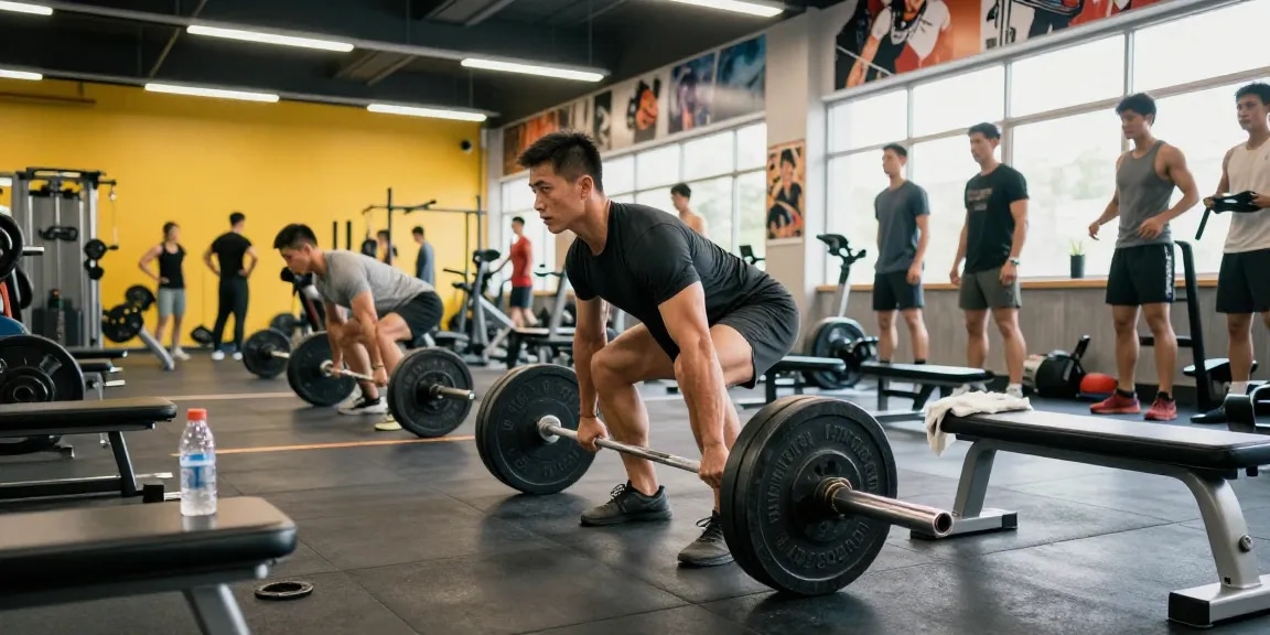 Selliza Shop: Athletischer Bodybuilder beim Training in einem modernen Fitnessstudio, umgeben von Gewichten und Geräten.