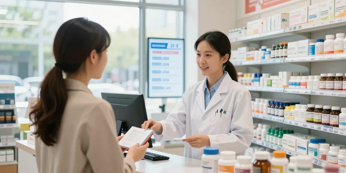 Produkte im Selliza Pharma Shop, ein Apotheker berät einen Kunden zu hochwertigen Gesundheitsprodukten, helle und einladende Atmosphäre