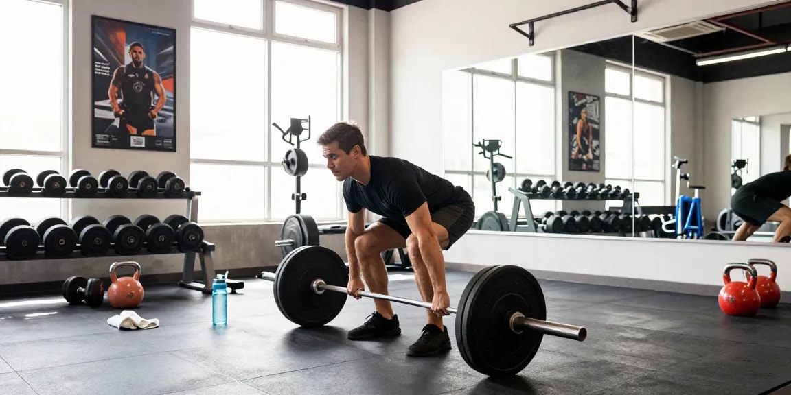 Global Pharma Steroids Nutzer beim Training im Fitnessstudio, motivierte Fitnessatmosphäre.