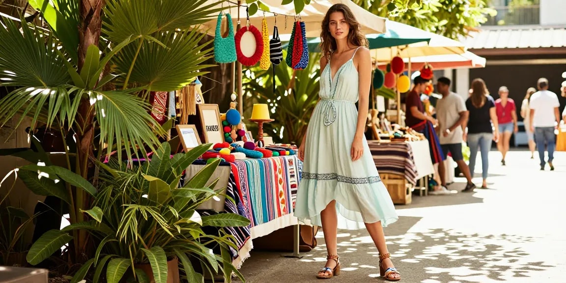 Stylish model in FAFA828 summer outfit at vibrant outdoor market showcasing trendy fashion.