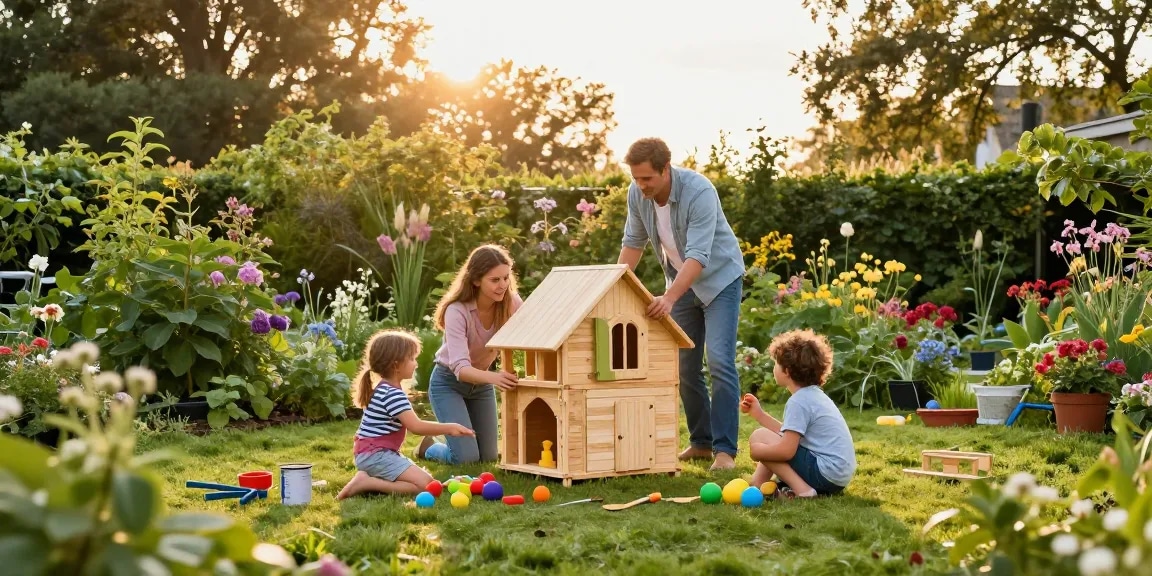 Ein Familienprojekt zur Erstellung eines Garten Hauses im sonnigen Garten mit Spielzeugen und Werkzeugen.