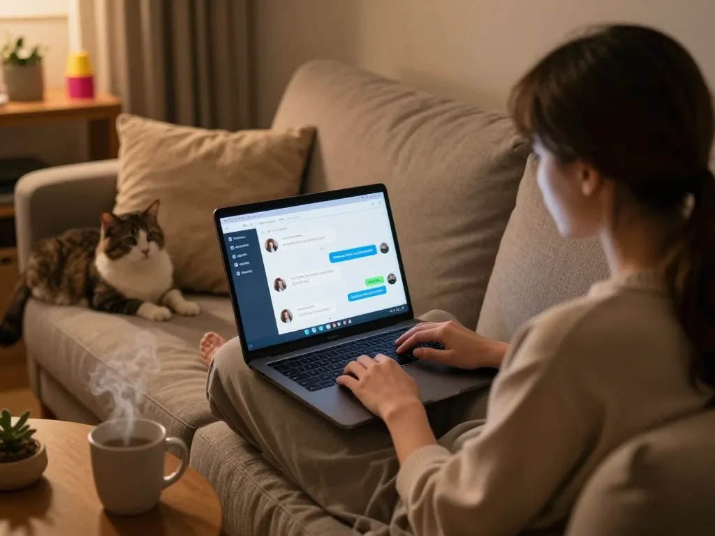 Cozy home interaction with an nsfw chat bot on a laptop, inviting atmosphere.