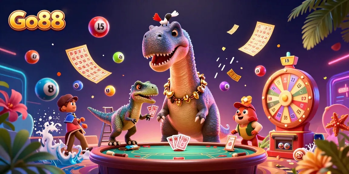 Engage with Go88's vibrant casino scene featuring playful characters and dynamic game elements.