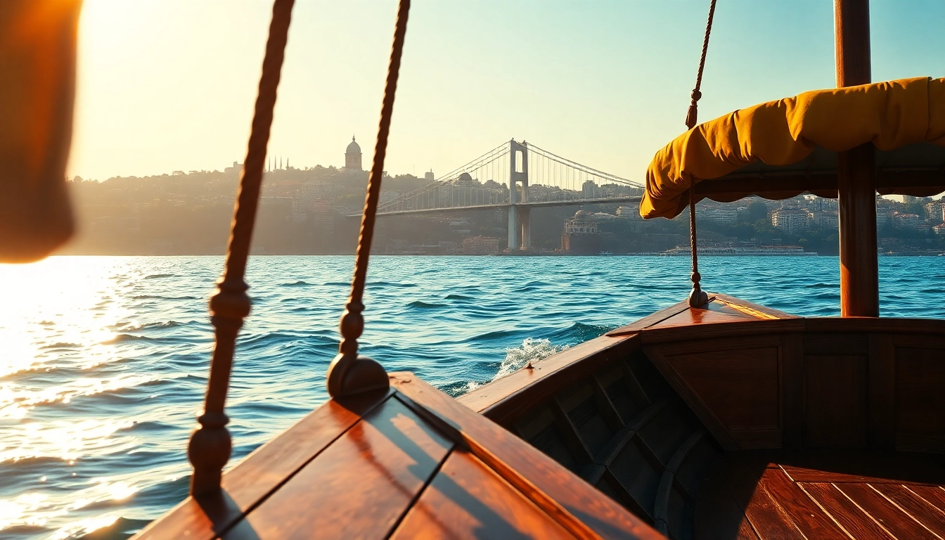 Erleben Sie während der Istanbul Bosphorus cruises eine traditionelle Holzbootfahrt mit Sicht auf die Skyline.