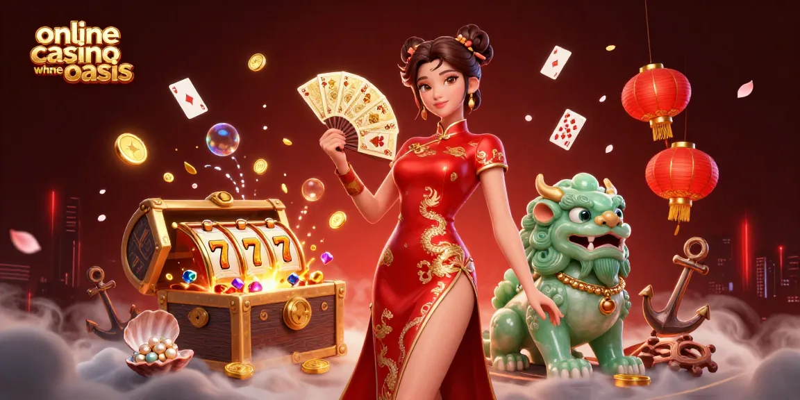 Experience the thrill of an online casino ohne oasis with a vibrant 3D illustration showcasing a woman and a jade lion guardian amidst casino elements.