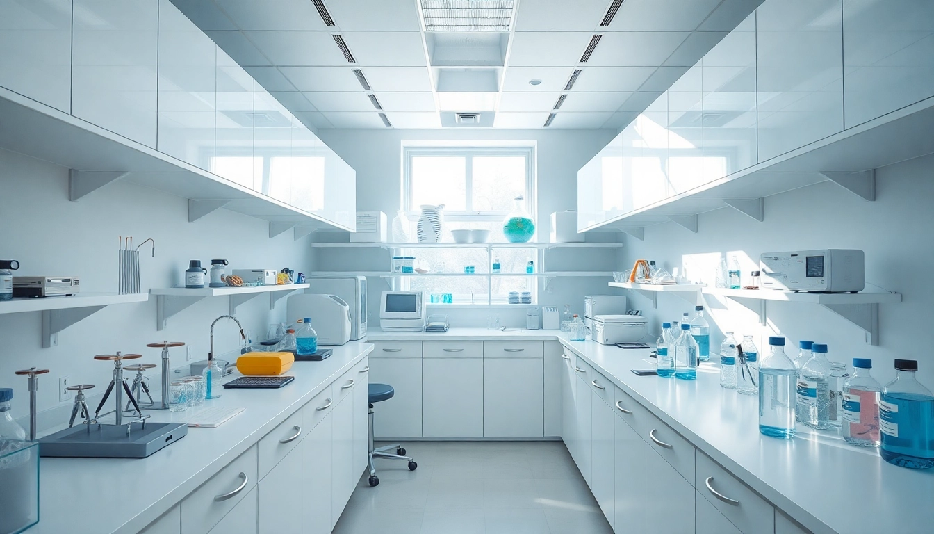 Labormaterial bestellen in einem modernen Labor mit organisierten Arbeitsbereichen.