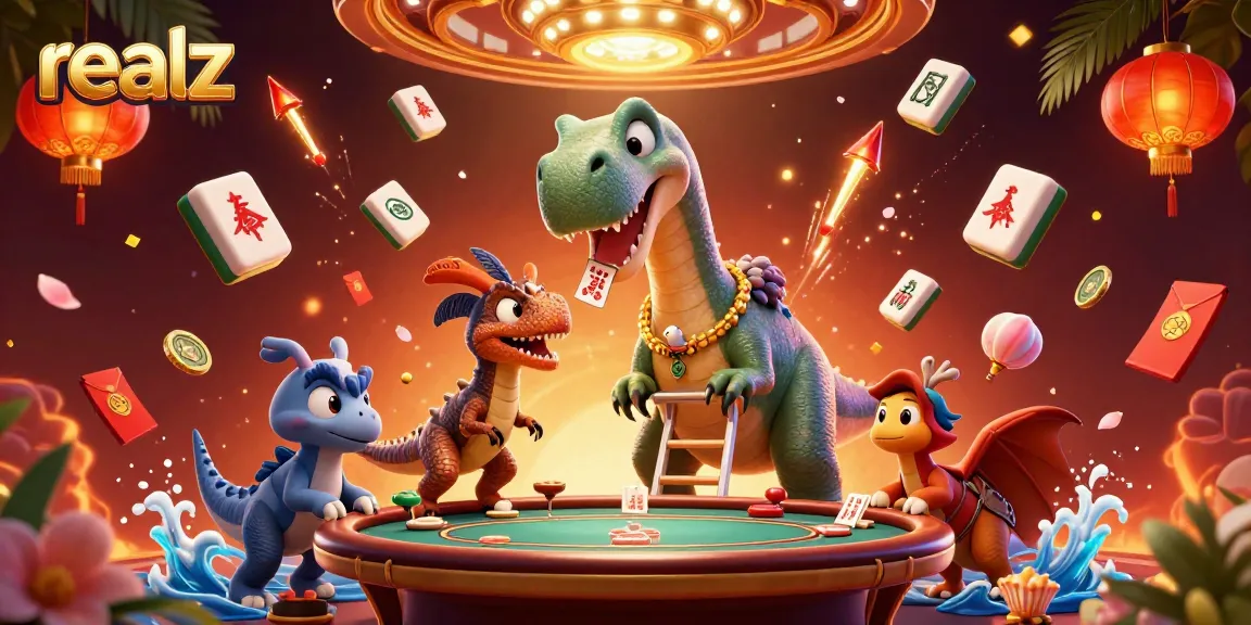 Engage with thrilling realz gameplay amidst vibrant casino elements and a whimsical dinosaur scene.