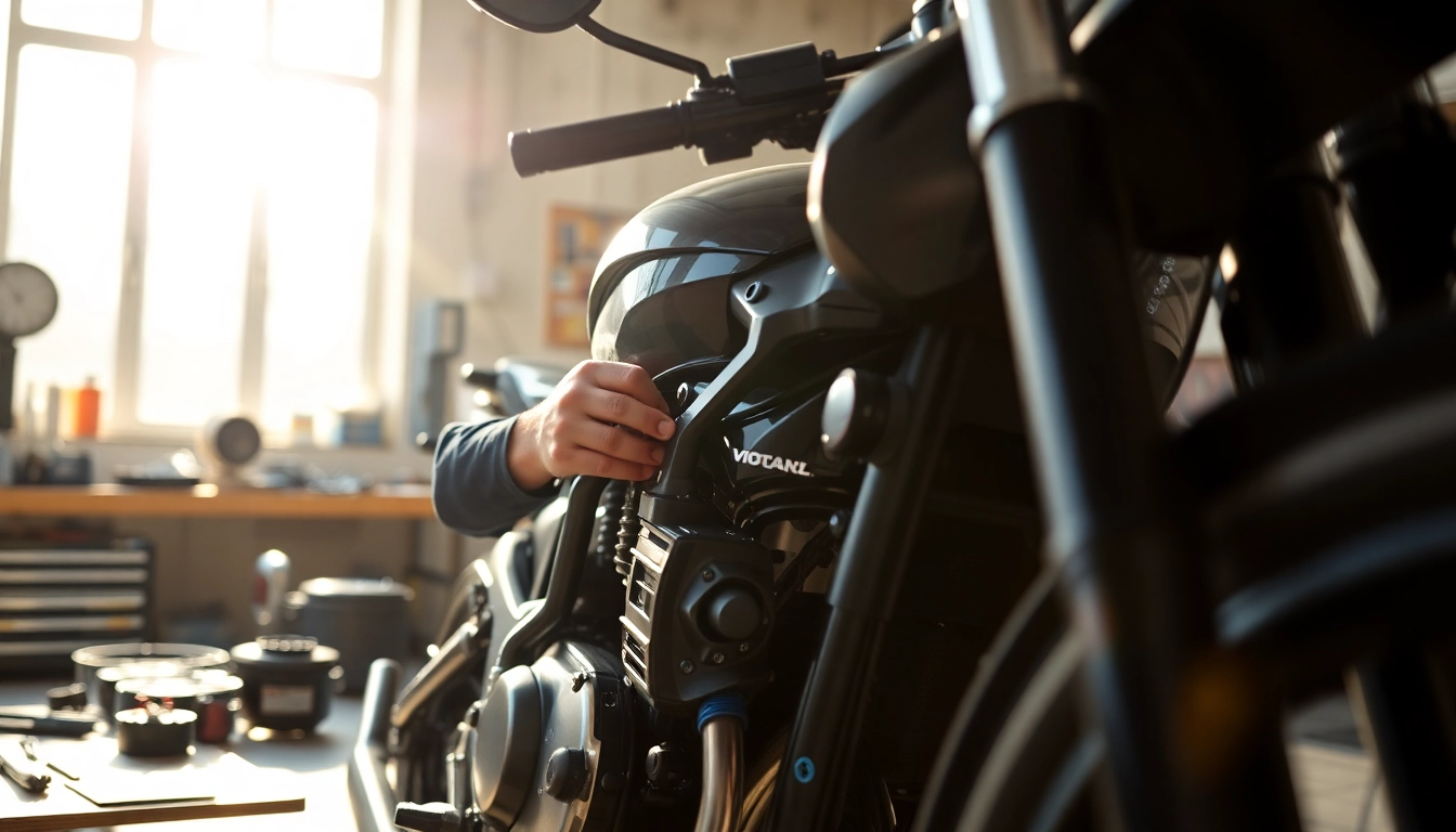 Motorrad Gutachter bewertet professionell ein Motorrad in einer Werkstatt.