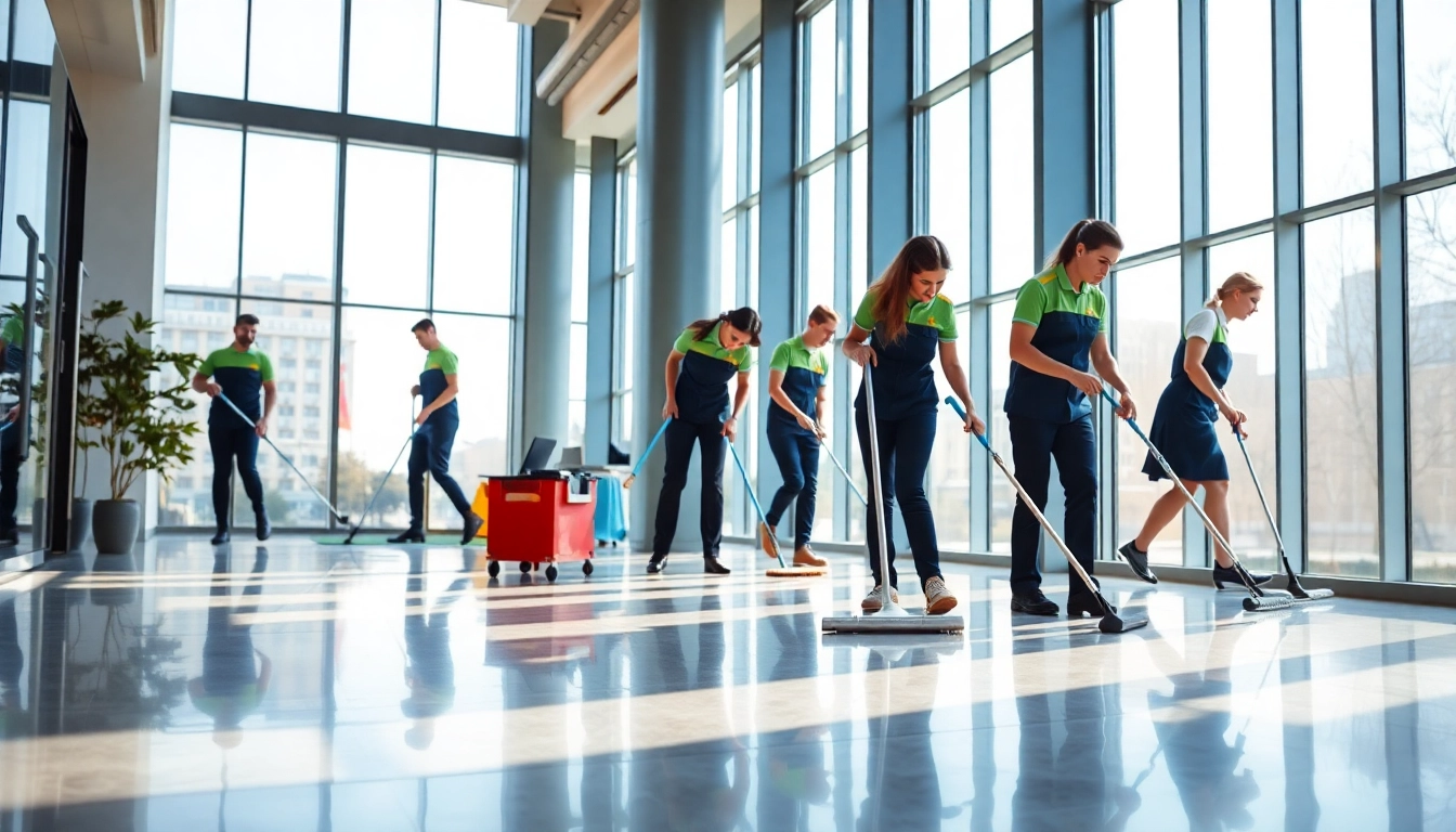Efficient gebäudereinigung in berlin mit einem professionellen Team, das ein modernes Büro reinigt.