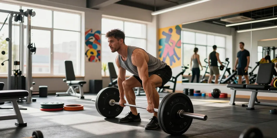 Leistungsstarker Mann hebt Gewichte im Utinon Steroids Shop, energiegeladenes Fitnessstudio mit modernen Geräten.
