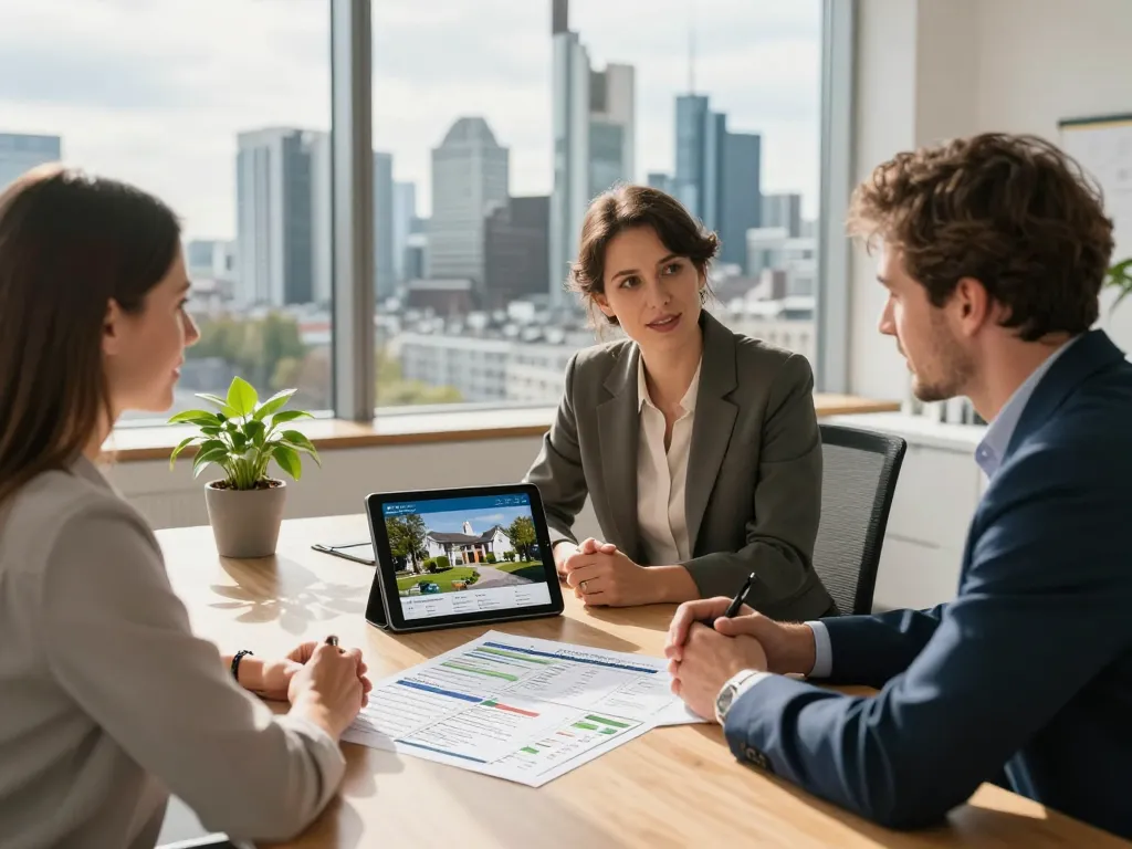 Immobilienmakler Frankfurt Eschersheim berät Kunden in einem modernen Büro, das auf erfolgreiche Immobilienverkäufe fokussiert ist.
