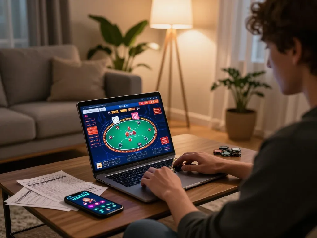 Engaged player strategizing on a vibrant 33WIN online casino interface, cozy home gaming atmosphere.