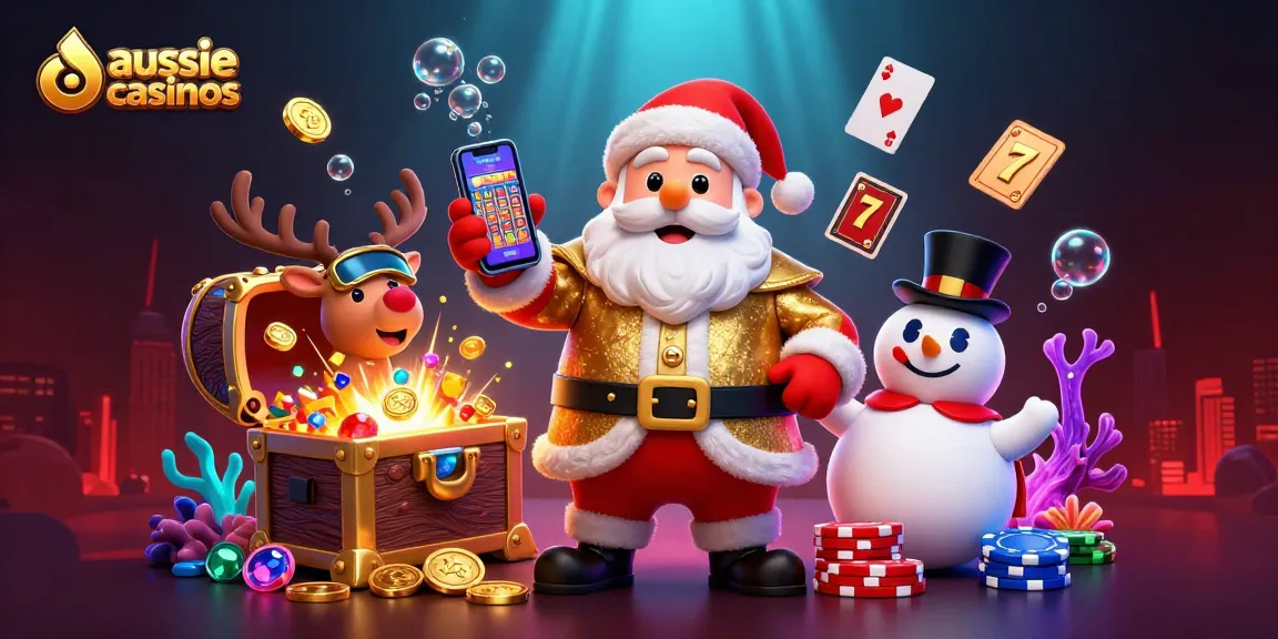 Aussie casinos featuring a vibrant 3D scene with Santa, reindeer, and snowman around jackpot slots and treasures.