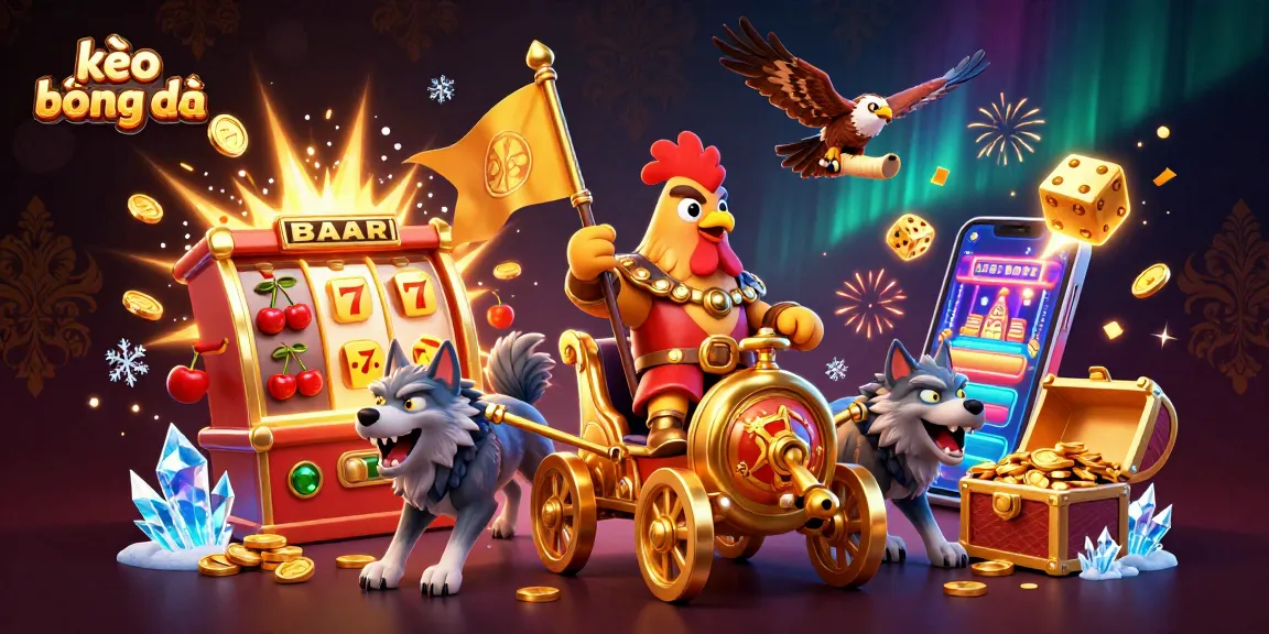 Experience thrilling kèo bóng đá action with cartoon warlord and casino elements in dynamic illustration.