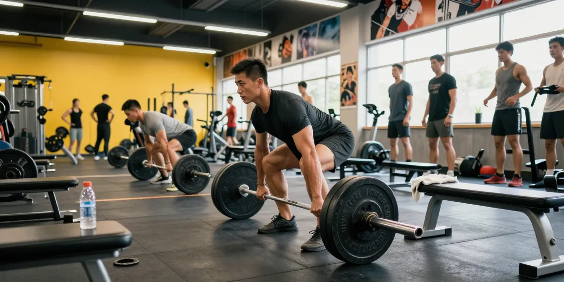 Selliza Shop: Athletischer Bodybuilder beim Training in einem modernen Fitnessstudio, umgeben von Gewichten und Geräten.