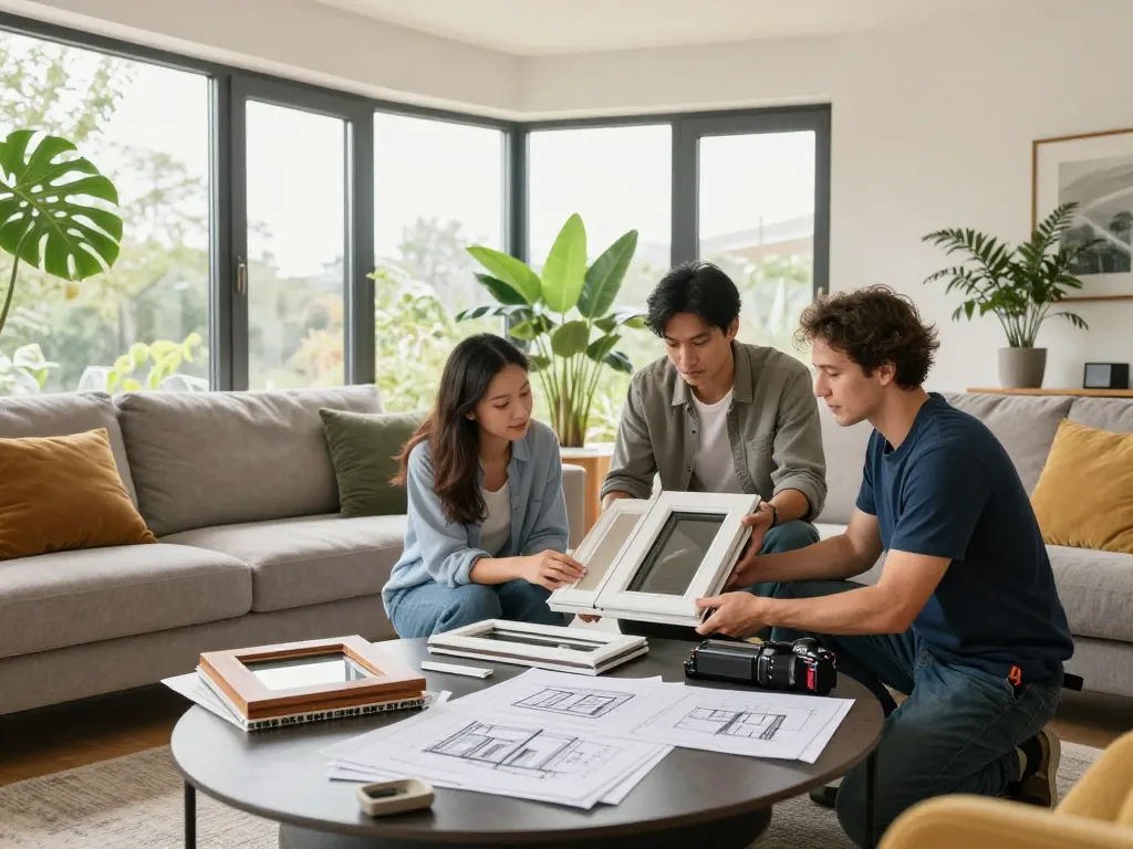 Hausbesitzer und Auftragnehmer besprechen Fensterbau Köln-Optionen in einem hellen Wohnzimmer.