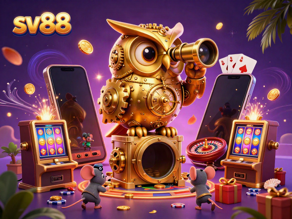 Engage with sv88 in an enchanting casino scene featuring a golden owl and wind-up mice amidst dynamic gambling elements.