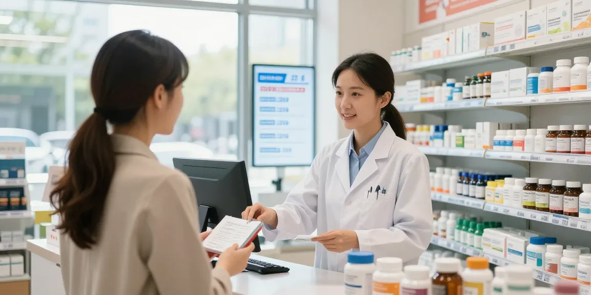 Produkte im Selliza Pharma Shop, ein Apotheker berät einen Kunden zu hochwertigen Gesundheitsprodukten, helle und einladende Atmosphäre