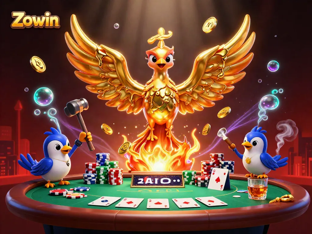 Experience winning at Zowin with a golden phoenix amidst poker action and vibrant casino elements.