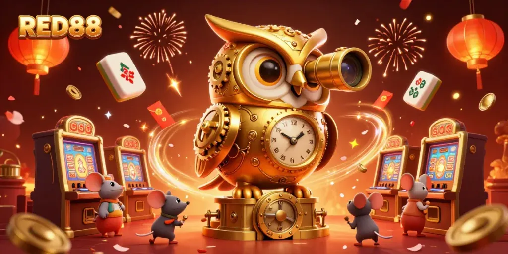 Engaging gameplay experience at RED88 with a clockwork owl overseeing a vibrant casino scene.