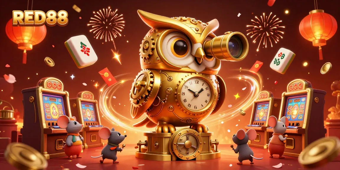 Engaging gameplay experience at RED88 with a clockwork owl overseeing a vibrant casino scene.