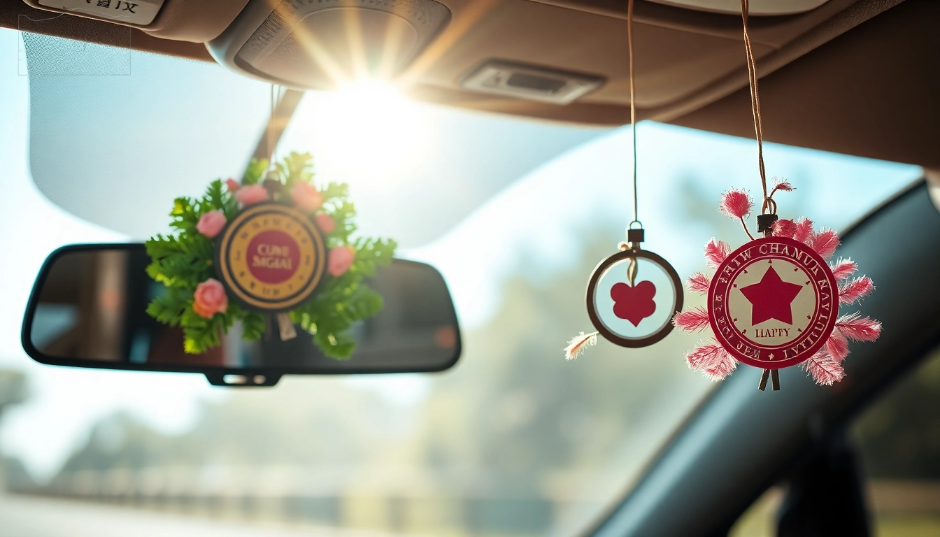 Duftbaum mit Logo personalisiert im Auto-Interieur mit lebendigen Farben und Designs.