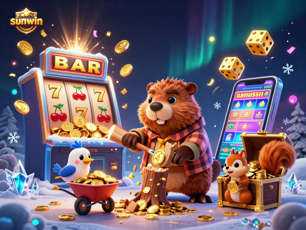 Join the sunwin adventure with cartoon characters collecting gold coins in a dynamic casino scene.