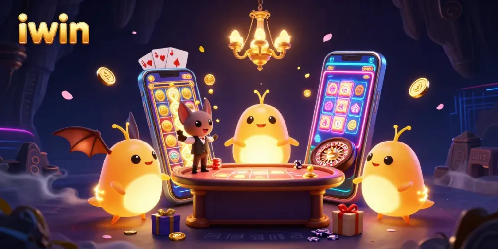 iWin casino scene with glowing glowworms and a bat dealer creating a vibrant atmosphere.