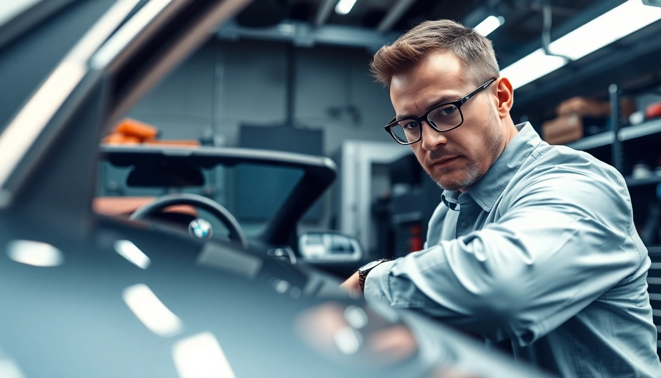BMW Codierer bei der Arbeit an einem modernen BMW-Fahrzeug in einer hochmodernen Werkstatt.