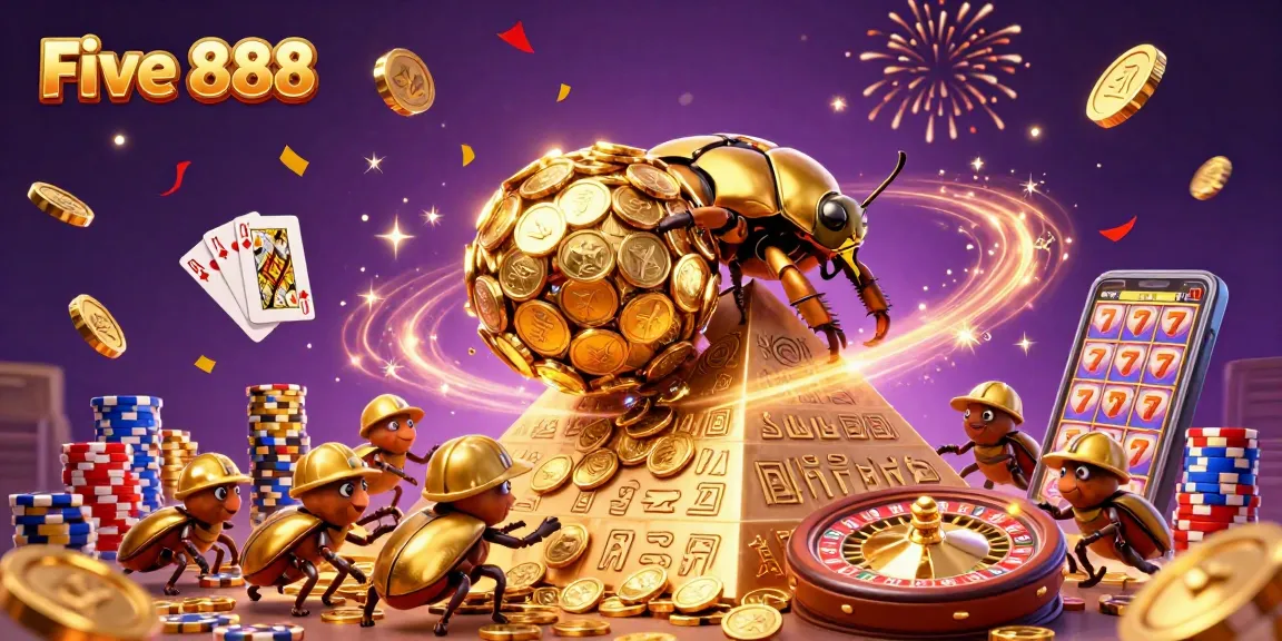 Experience exciting gameplay at Five 888 with a dynamic scene of casino elements and celebrating beetles.
