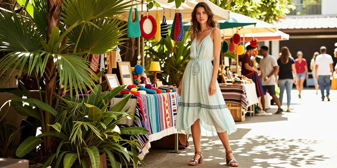 Stylish model in FAFA828 summer outfit at vibrant outdoor market showcasing trendy fashion.