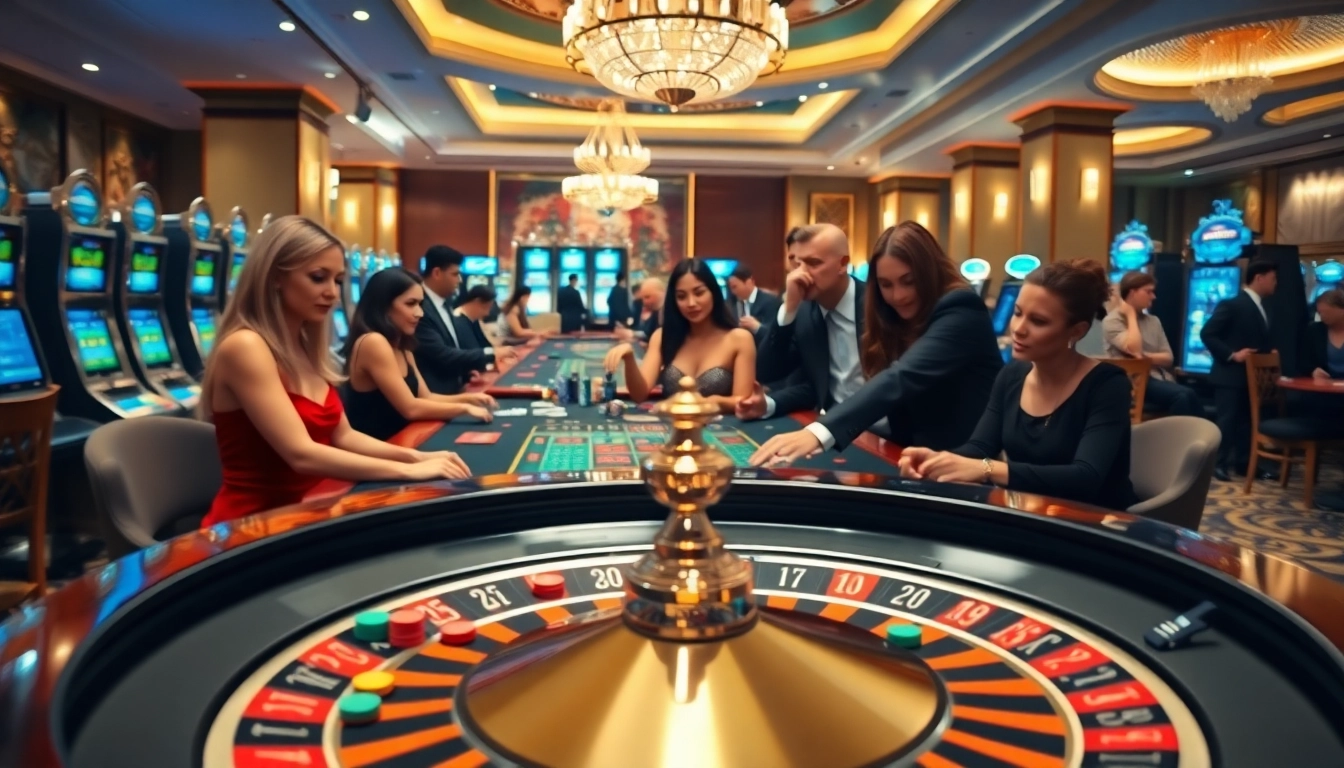 Spannende Casinospiele in einem eleganten Casino mit Spielern am Roulette-Tisch.