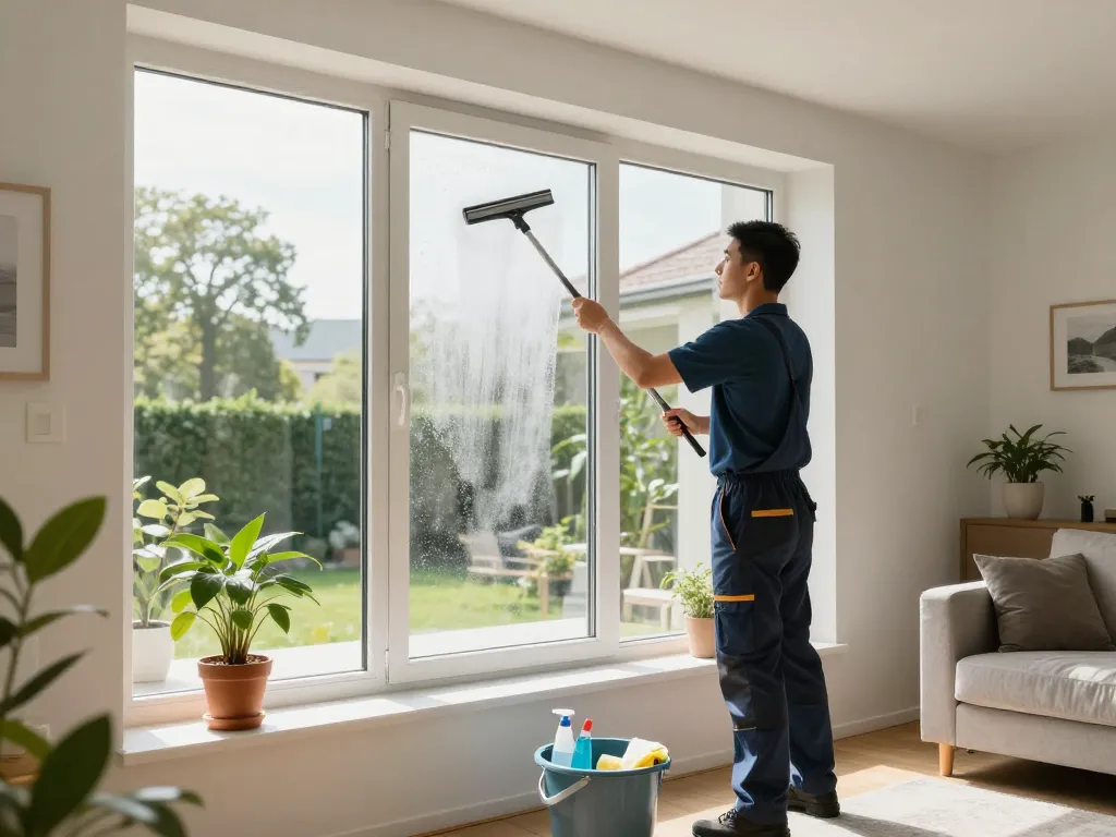 Glasreinigung in Münster Service mit einem professionellen Reiniger, der funkelnde Fenster in einem hellen Wohnambiente zeigt